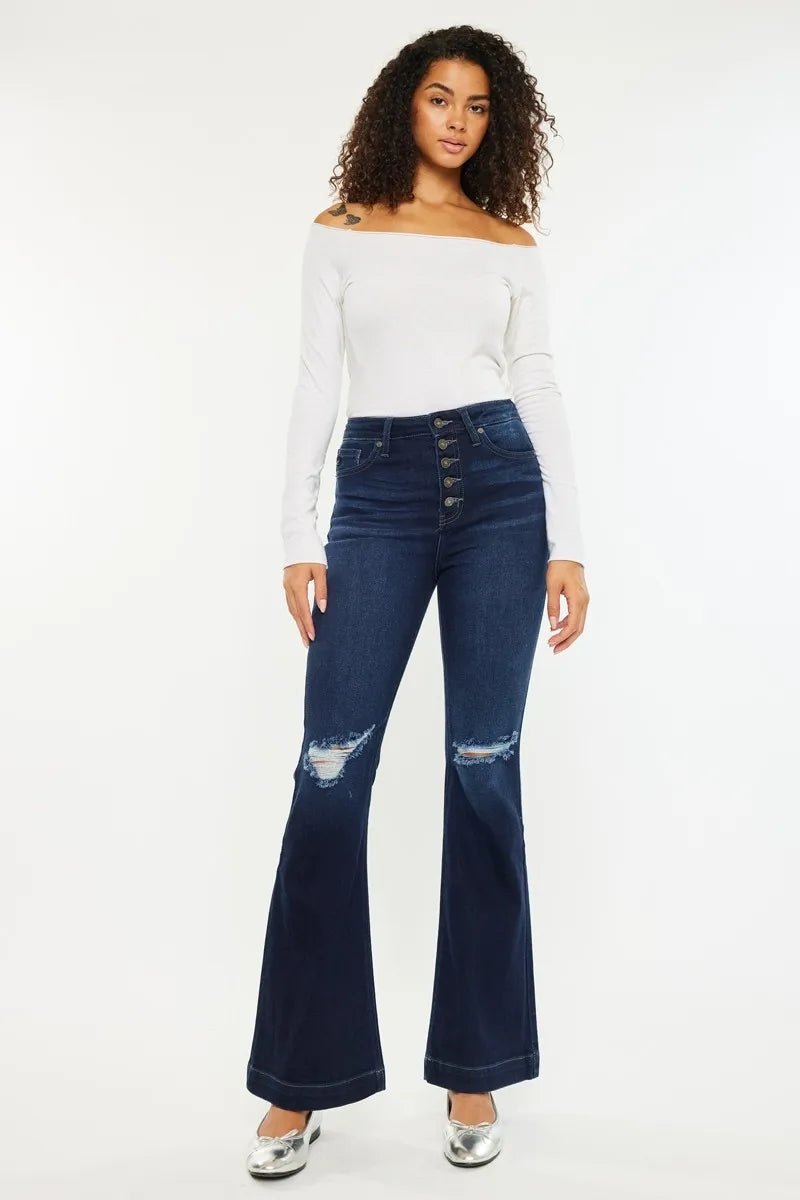 Kancan Button Fly High Rise Distressed Flare Jeans - Bela Fils BoutiqueBela Fils Boutique
